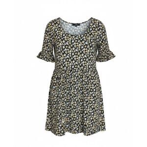 Vibe Sportswear Daisy Floral Elbow Ruffle Sleeve Pleated Dress Black Yellow 2X